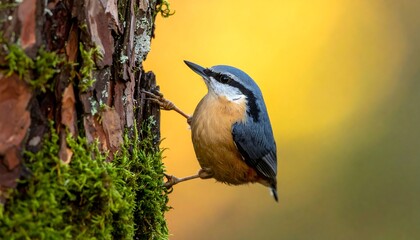 A nuthatch perched on a pine tree trunk in autumn