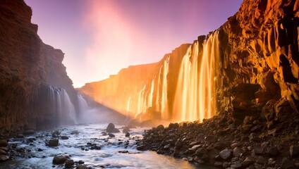A majestic waterfall cascading down rocky cliffs at sunset, bathed in warm, golden light, creating a breathtaking and picturesque natural landscape