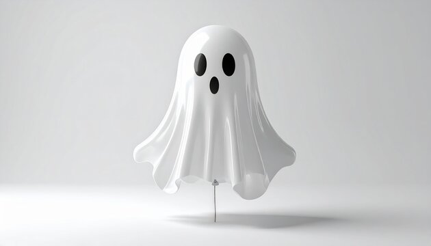 Minimalist Render of White Ghost Shape with Round Head and Black Facial Features on White Background
