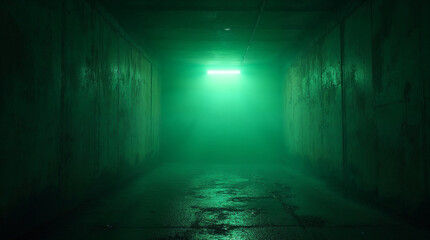 Green neon in concrete hallway with creepy lights and fog