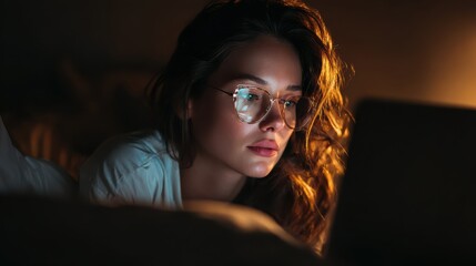 pretty girl spending night alone with laptop no logos no brands ar 169