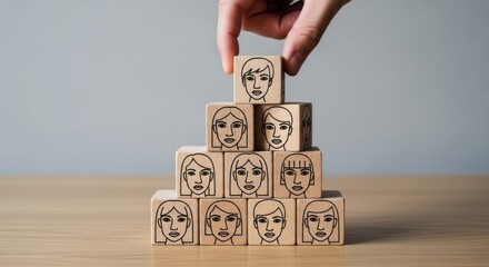 Hand stacking wooden blocks with diverse faces creating a pyramid symbolizing teamwork and community building