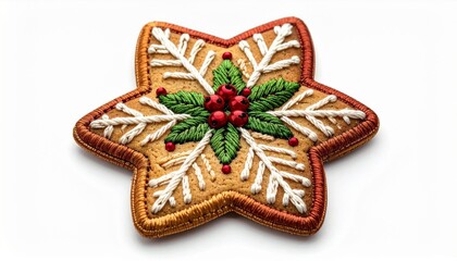 Detailed Star Shaped Gingerbread Cookie with White Icing and Festive Garnishes on Clean White Backdrop