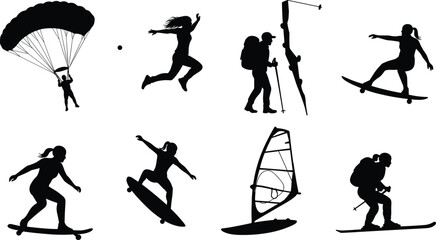 Adventure sports silhouette, parachuting, skateboarding, surfing, skiing, hiking, windsurfing, outdoor activity, extreme sports, fitness, black illustration, active lifestyle