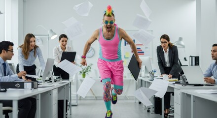 Man in colorful sports attire running through an office, scattering paper. Humorous office competition with funny athlete.