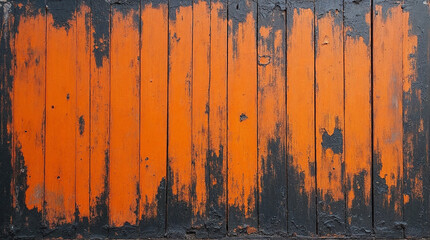 Grungy orange and black background wooden wall planks with peeling paint for Halloween spooky creepy backdrop