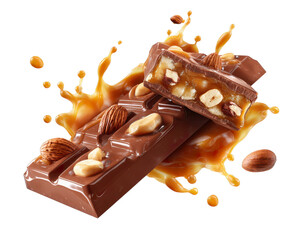Delicious brown chocolate bars with nuts and coffee beans isolated on a white background.