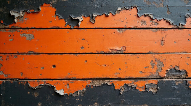 Grungy orange and black background wooden wall planks with peeling paint for Halloween spooky creepy backdrop
