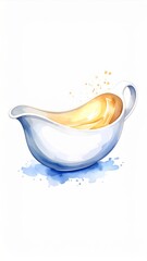 Watercolor Gravy Boat with Golden Sauce on White Background with Light Blue Highlights