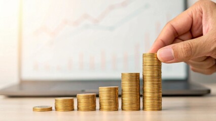Hand stacking gold coins into ascending columns on desk with blurred financial chart background for wealth management and investment analysis