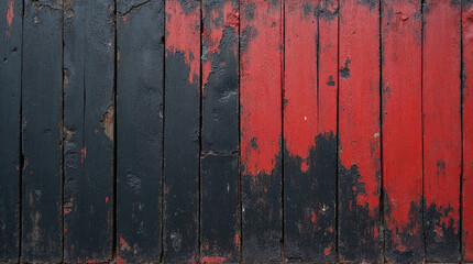 Grungy red and black background wooden wall planks with peeling paint for Halloween spooky creepy backdrop