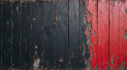 Grungy red and black background wooden wall planks with peeling paint for Halloween spooky creepy backdrop