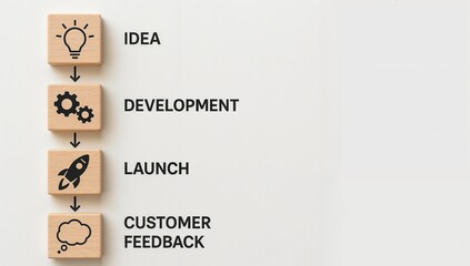 Business startup process with wooden blocks, showing idea, development, launch, and customer feedback.