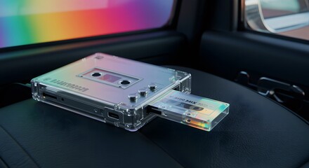 Transparent Cassette Tape Player with Colorful Rainbow Reflection in Car Interior