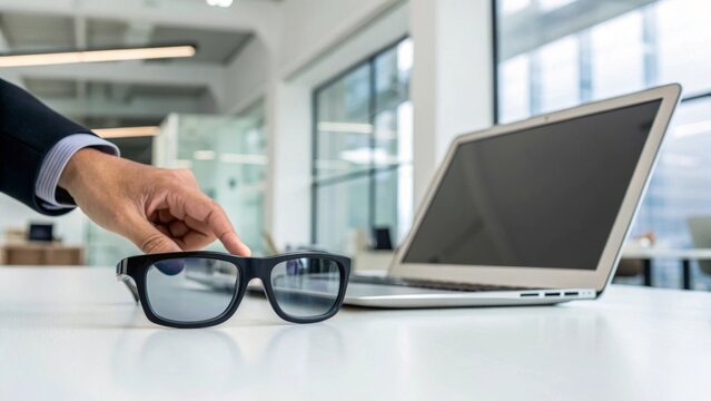 Hand picking up smart ar glasses beside laptop on office desk futuristic workplace vibe modern environment professional viewpoint innovative concept