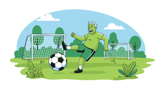 Vibrant cartoon of an elderly man enjoying a soccer game outdoors, promoting an active and healthy lifestyle for retirees