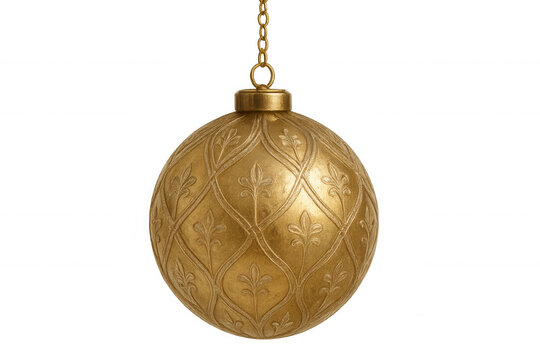 Golden ornament with fleur-de-lis pattern hanging on chain, luxurious christmas decoration with transparent background - Powered by Adobe