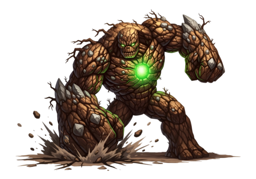 Powerful earth creature erupts from the ground with vibrant green light, showcasing a dynamic pose and textured surface.