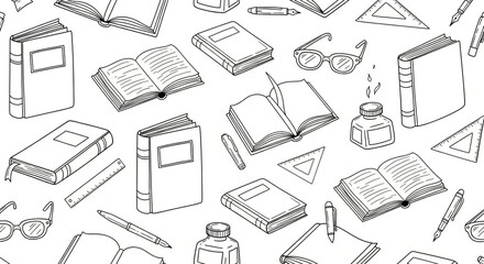 Seamless Pattern of Vintage School Supplies Including Books Glasses Inkwells and Rulers for Educational Designs