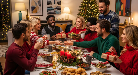 Happy diverse group of friends having christmas dinner sitting around the table at home, new year celebration lunch party, decorated Christmas table, festive meal, dining, exchanging gift, having fun.