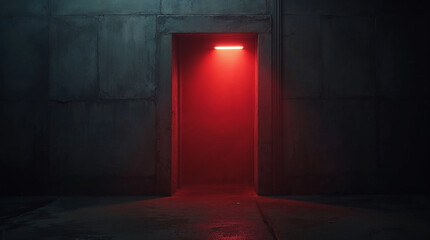 Red neon in concrete hallway with creepy lights and fog