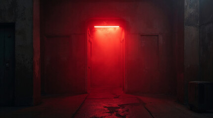 Red neon in concrete hallway with creepy lights and fog