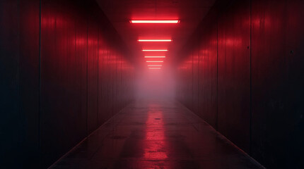 Red neon in concrete hallway with creepy lights and fog