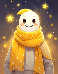 A cheerful, glowing character wearing a warm yellow scarf, surrounded by stars in a night sky