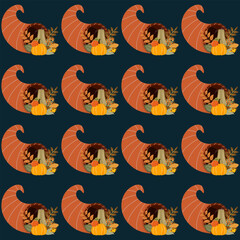 pattern with orange cornucopias overflowing with pumpkins, gourds, leaves, and corn, arranged on a deep teal background, perfect for Thanksgiving fabric, festive decor, and seasonal packaging