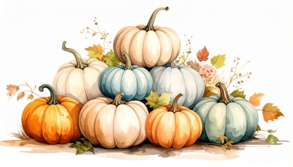 Obraz premium Assorted Watercolor Pumpkins and Autumn Leaves on White Background for Fall Thanksgiving Harvest Celebration