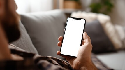 young male tech user relaxing on sofa holding smartphone mock up blank white screen man customer using cell phone mobile social media or shopping app reading news sport betting over shoulder view no 