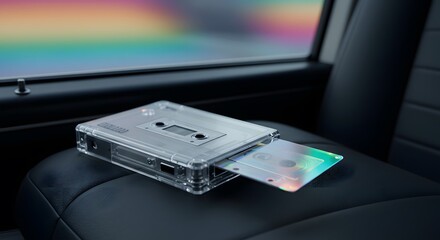 Retro Cassette Tape and Compact Disc on Car Seat in Modern Vehicle