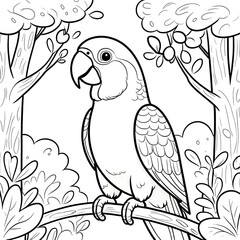 Cute cartoon owl sitting on a branch surrounded by tropical nature and colorful feathers