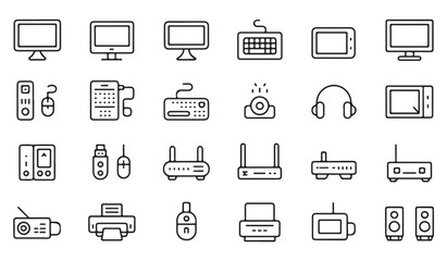 Black stroke icons of monitors, projectors, smartphones, and speakers for digital technology illustrations