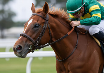 Obraz premium Jockey man riding a racehorse. Equestrian sport and competition. Horse racing event on track.