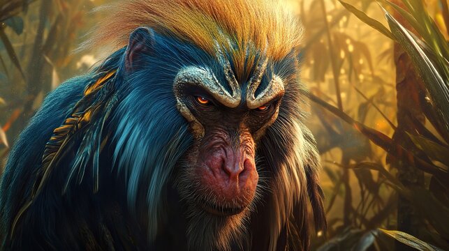 Alien zoology magazine cover with long haired fur alien turqoise white brown blue boar-mandrill-