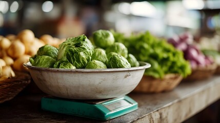 Fresh green vegetables and produce displayed on a weighing scale in a vibrant market setting