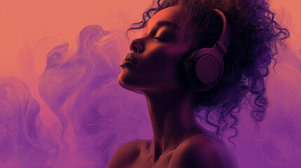 beautiful woman with headphones on a purple smoke background
