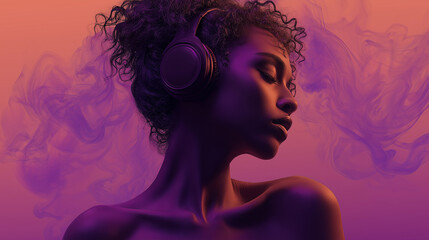 beautiful woman with headphones on a purple smoke background