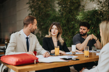 Three colleagues engage in a strategic discussion during a business meeting in an outdoor setting, emphasizing collaboration.