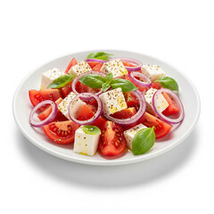 A salad with feta cheese onions and tomatoes isolated on white