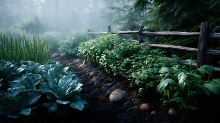 A misty morning in a rustic garden with rows of fresh cabbage and vegetable plants growing near a wooden fence