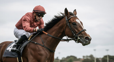 Fototapeta premium Jockey man riding a racehorse. Equestrian sports and horse racing concept for competition, speed, and winning. Active lifestyle.