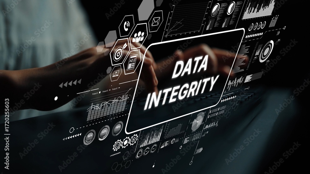 Aufkleber hands typing on a digital interface with emphasis on data integrity and technology visualization. as