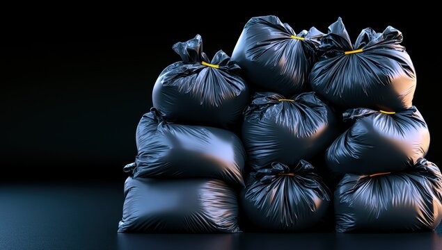 A heap of large black garbage bags tied with yellow plastic on a black surface and black background. Concept for trash, disposal, waste, pollution, recycling, and environment