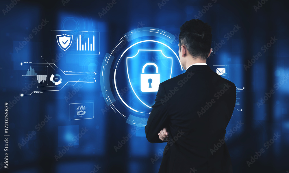 Poster cyber security protects against breaches, hacks, and network attacks using strong infrastructure and