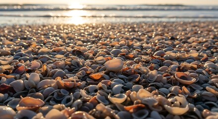 Obraz premium Close-up of Seashells on a Beach at Sunset sand ocean