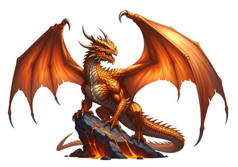 A magnificent, fiery orange dragon perches atop a molten rock formation, showcasing detailed scales and powerful wings against a stark black background.