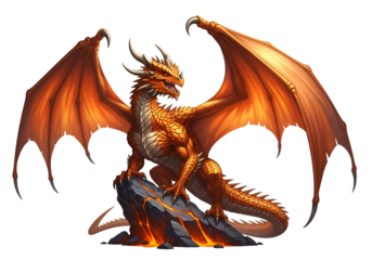 A magnificent, fiery orange dragon perches atop a molten rock formation, showcasing detailed scales and powerful wings against a stark black background.