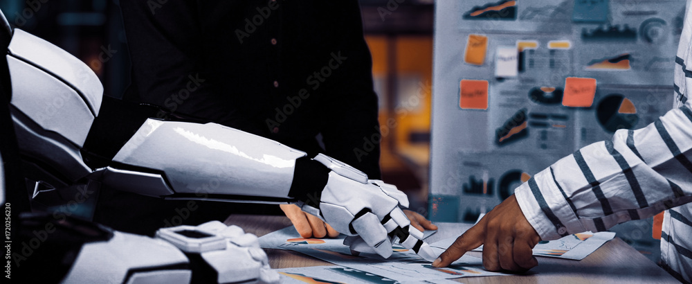 Poster a collaborative scene showcasing a humanoid robot and a human examining business charts and data. th